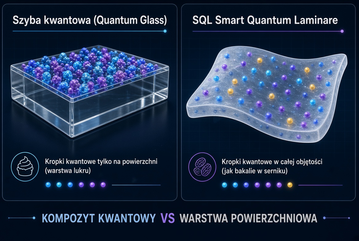 Porównanie: szyba kwantowa z kropkami tylko na powierzchni (warstwa lukru) oraz SQL Smart Quantum Laminare z kropkami w całej objętości (jak bakalie w serniku)